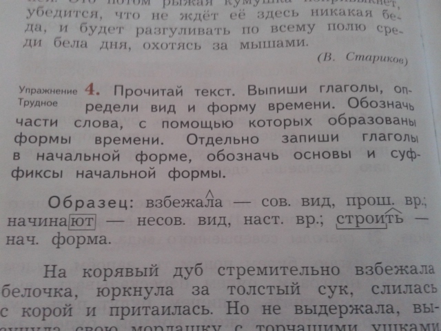 Прочитай выпиши глаголы определи их форму. Запиши глаголы в начальной форме. Какая форма времени в слове взбежала. Прочитай текст выпиши глаголы обозначь их основы. Прочитай текст выпиши глаголы определи их вид обознач часть слов.